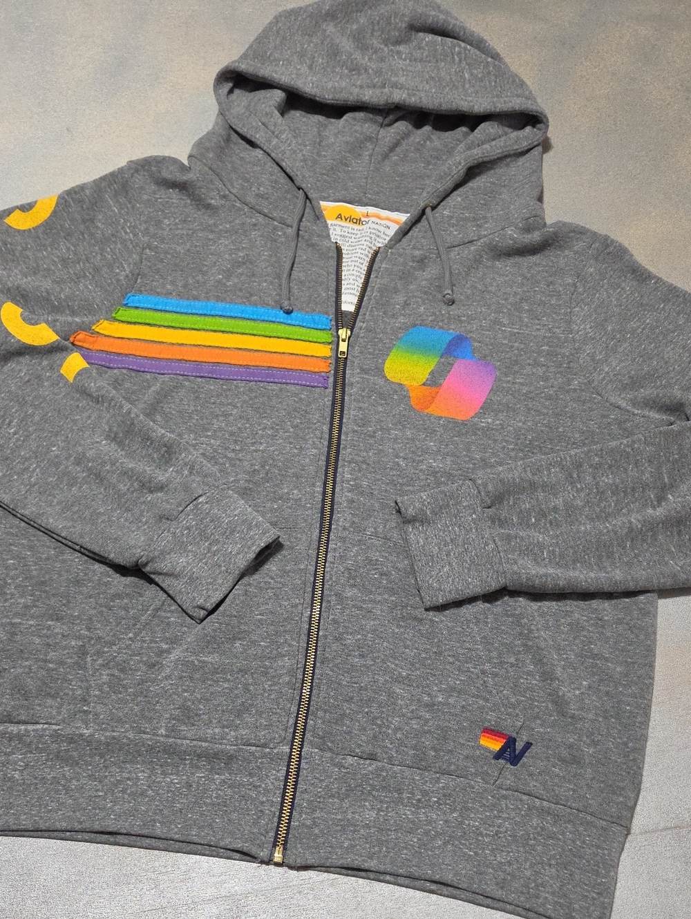Aviator Nation Charcoal Zip Hoodie with Rainbow Appliqués